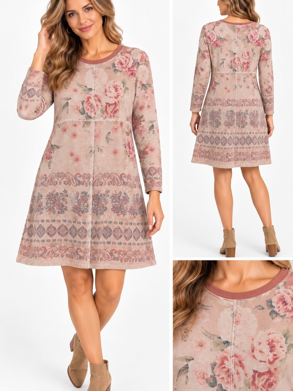Joh Apparel Faux Suede Long-Sleeve Floral A-Line Dress Medium